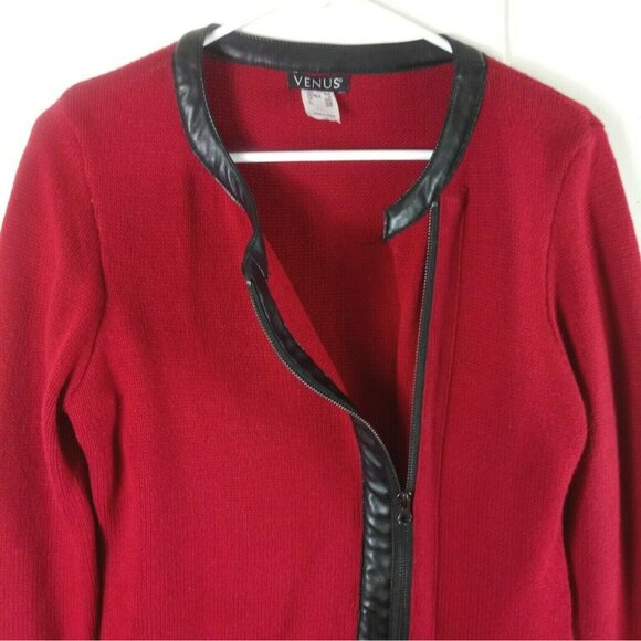 Red Venus Zipper Front Cardigan With Faux Leather Trim Womens Medium Edgy Chic - Picture 2 of 6
